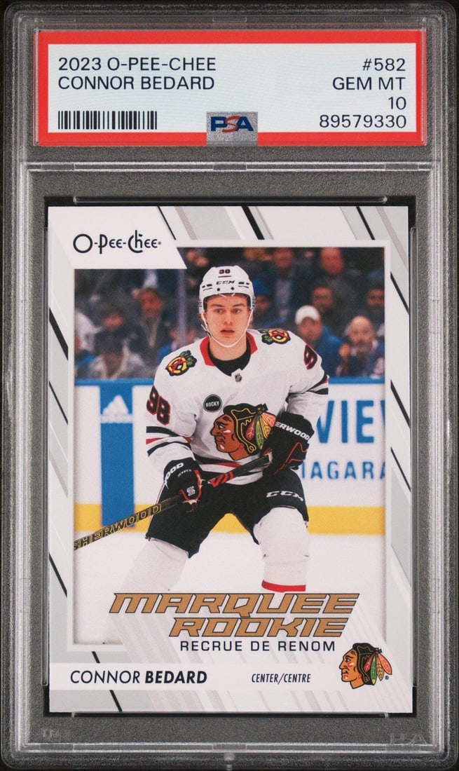 2023 Upper Deck O-pee-Chee Connor Bedard Rookie Card PSA 10 Authentic: 2023 Upper Deck O-pee-Chee Connor Bedard Rookie Card PSA 10 Authentic This graded 2023 Upper Deck O-pee-Chee Connor Bedard #582 Rookie Hockey Card is a must-have for collectors. It features Connor Bed
