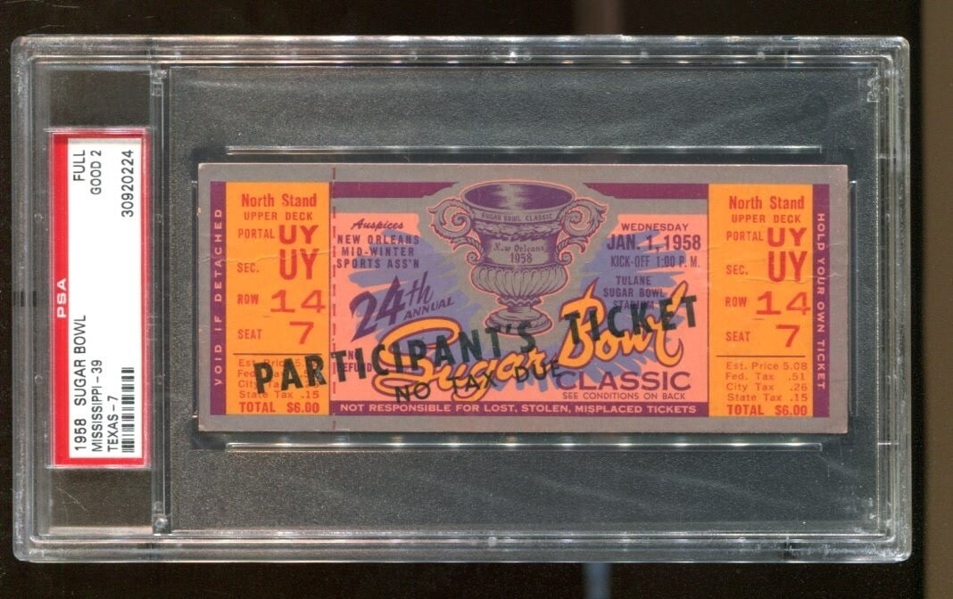 Ole Miss vs Texas 1958 Sugar Bowl Full Game Ticket Original PSA (1 of 2)