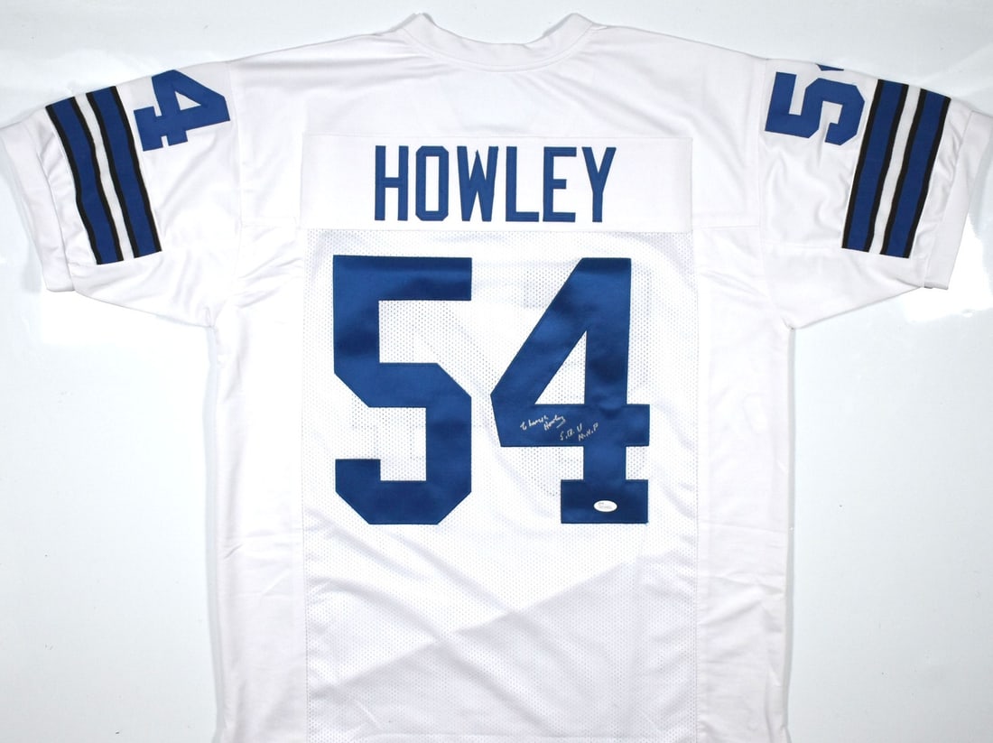 Chuck Howley Signed White Football Jersey Super Bowl MVP JSA Authenticated: Chuck Howley Signed White Football Jersey Super Bowl MVP JSA Authenticated This white pro style jersey is autographed by Chuck Howley and features the Super Bowl MVP inscription. It is an original