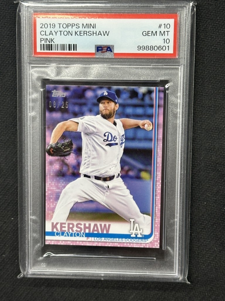 Clayton Kershaw 2019 Topps Mini Pink Border PSA 10 #10 Dodgers: Clayton Kershaw 2019 Topps Mini Pink Border PSA 10 #10 Dodgers This is a 2019 Topps Mini Pink Border Baseball Card featuring Clayton Kershaw, a star player for the Los Angeles Dodgers. This collectibl