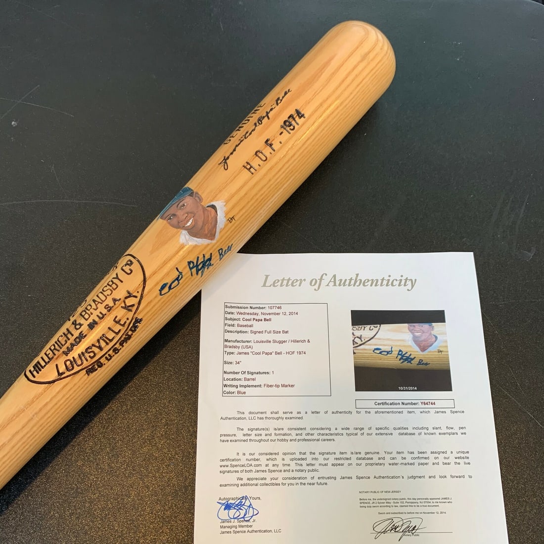 Louisville Slugger Bat Signed by Cool Papa Bell with JSA Authentication: Louisville Slugger Bat Signed by Cool Papa Bell with JSA Authentication This is a rare Louisville Slugger game model bat signed by Cool Papa Bell, a legendary figure in Negro League baseball. The bat 