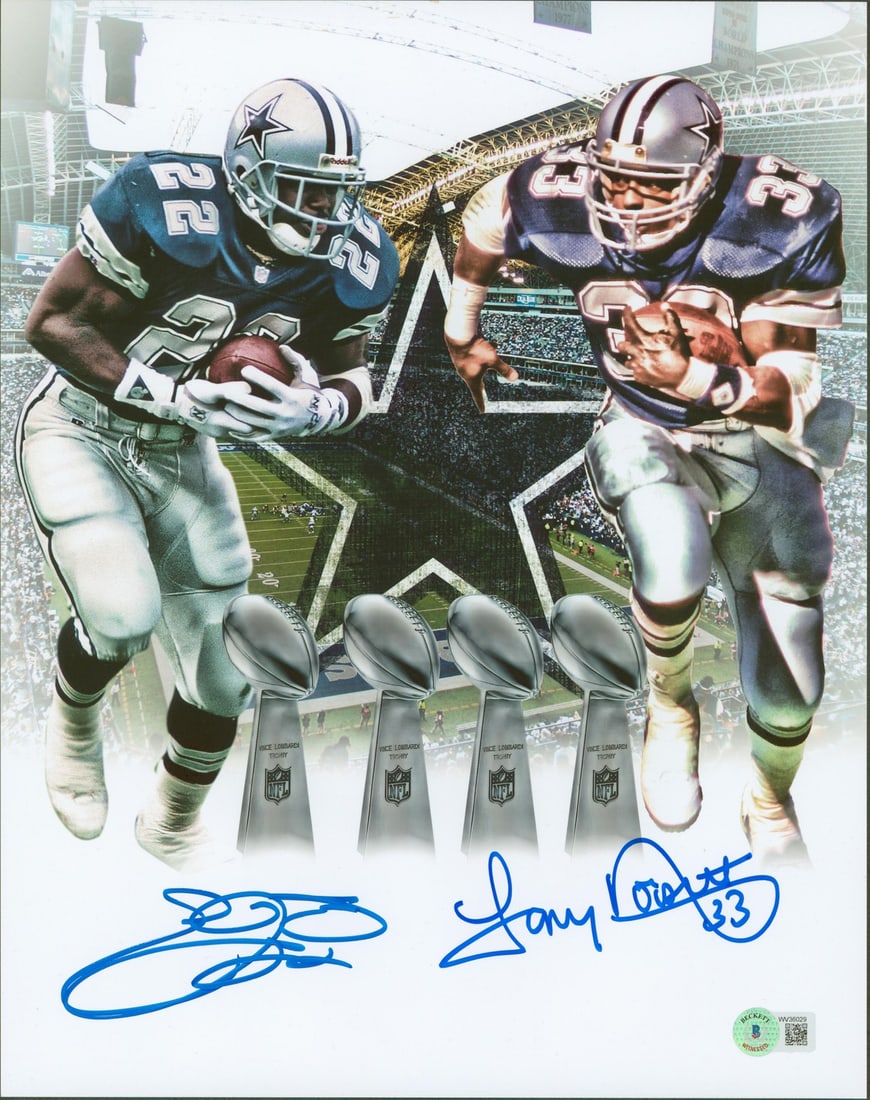 Emmitt Smith Tony Dorsett Signed 11x14 Photo Dallas Cowboys BAS Certified: Emmitt Smith Tony Dorsett Signed 11x14 Photo Dallas Cowboys BAS Certified This stunning 11x14 photo features the signatures of legendary Dallas Cowboys players Emmitt Smith and Tony Dorsett. Each auto