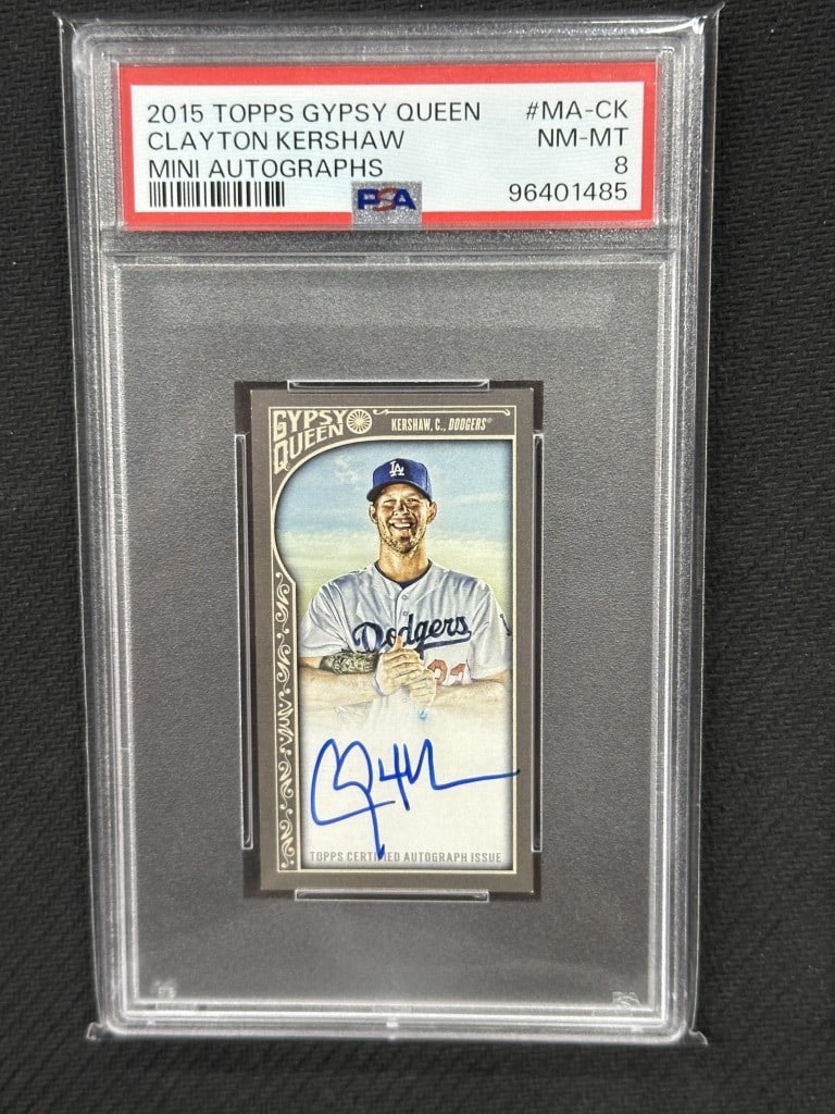 Clayton Kershaw 2015 Topps Gypsy Queen Mini Auto PSA 8 Dodgers #MA-CK: Clayton Kershaw 2015 Topps Gypsy Queen Mini Auto PSA 8 Dodgers #MA-CK This is a 2015 Topps Gypsy Queen Mini Baseball Card featuring Clayton Kershaw, a star pitcher for the Los Angeles Dodgers. The car