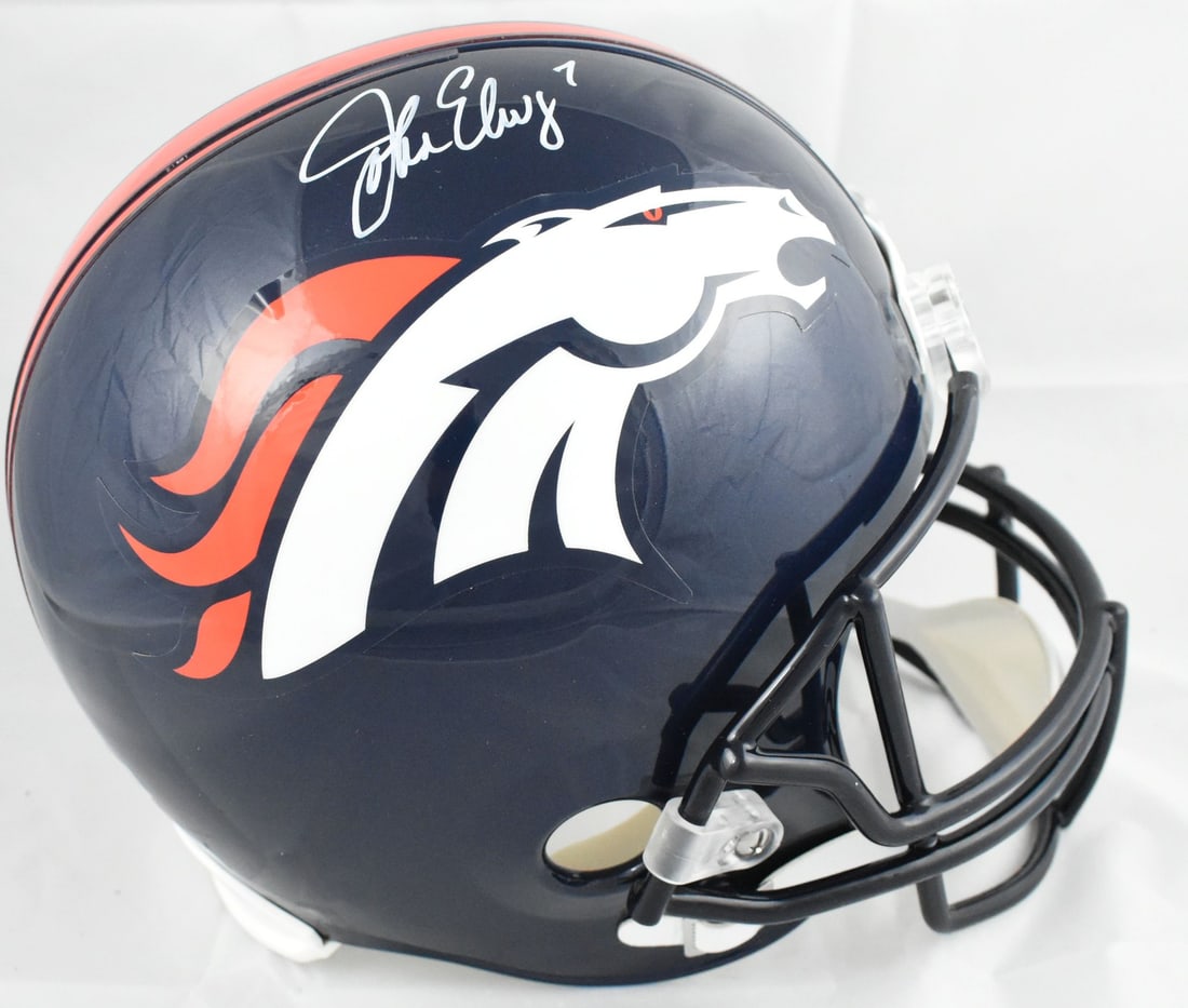 Denver Broncos Full Size Helmet Signed by John Elway Beckett Authenticated: Denver Broncos Full Size Helmet Signed by John Elway Beckett Authenticated This full-size Denver Broncos VSR4 helmet features the autograph of John Elway. The helmet is an original item and includes a