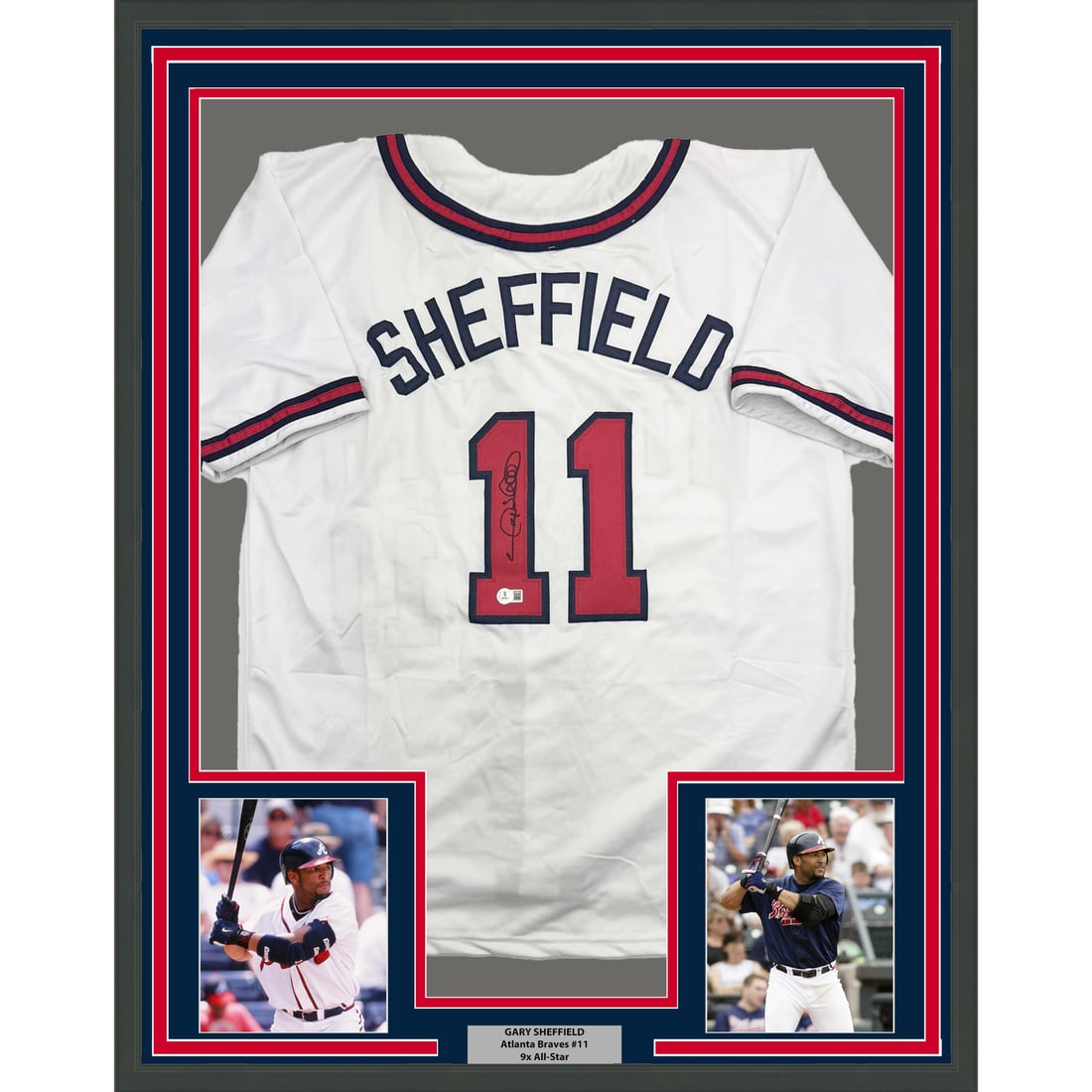 Framed Autographed Gary Sheffield Atlanta Braves Jersey JSA COA 35x39: Framed Autographed Gary Sheffield Atlanta Braves Jersey JSA COA 35x39 Celebrate the legacy of Gary Sheffield with this professionally framed and matted Atlanta Braves jersey. Measuring 35x39 inches, t