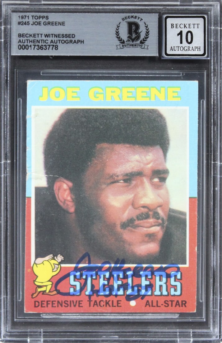 Joe Greene 1971 Topps Card Beckett Auto 10 Signed Pittsburgh Steelers: Joe Greene 1971 Topps Card Beckett Auto 10 Signed Pittsburgh Steelers This is an original 1971 Topps #245 football card featuring Joe Greene of the Pittsburgh Steelers, personally signed by the player