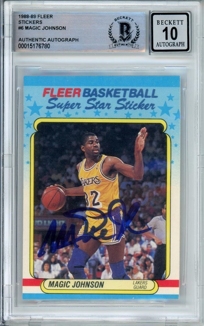 Magic Johnson Hand Signed 1988 Fleer Sticker BAS 10 Autograph Lakers: Magic Johnson Hand Signed 1988 Fleer Sticker BAS 10 Autograph Lakers This 1988-89 Fleer Stickers #6 sports trading card features Magic Johnson of the Los Angeles Lakers. The card is hand-signed by Mag