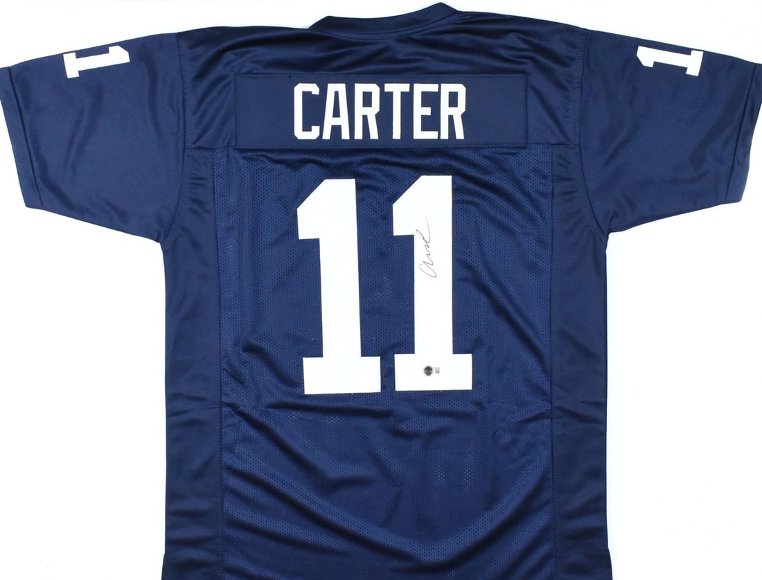 Abdul Carter Signed Penn State Blue Jersey With Beckett Witness Hologram: Abdul Carter Signed Penn State Blue Jersey With Beckett Witness Hologram This is a blue college style jersey autographed by Abdul Carter. The jersey comes with a Beckett W hologram for verification. I