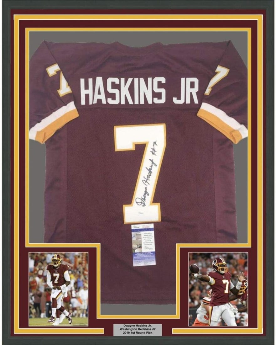 Framed Signed Dwayne Haskins Jr. Jersey 35x39 Washington Commanders JSA COA: Framed Signed Dwayne Haskins Jr. Jersey 35x39 Washington Commanders JSA COA This framed autographed jersey features the signature of Dwayne Haskins Jr., showcasing his affiliation with the Washington 