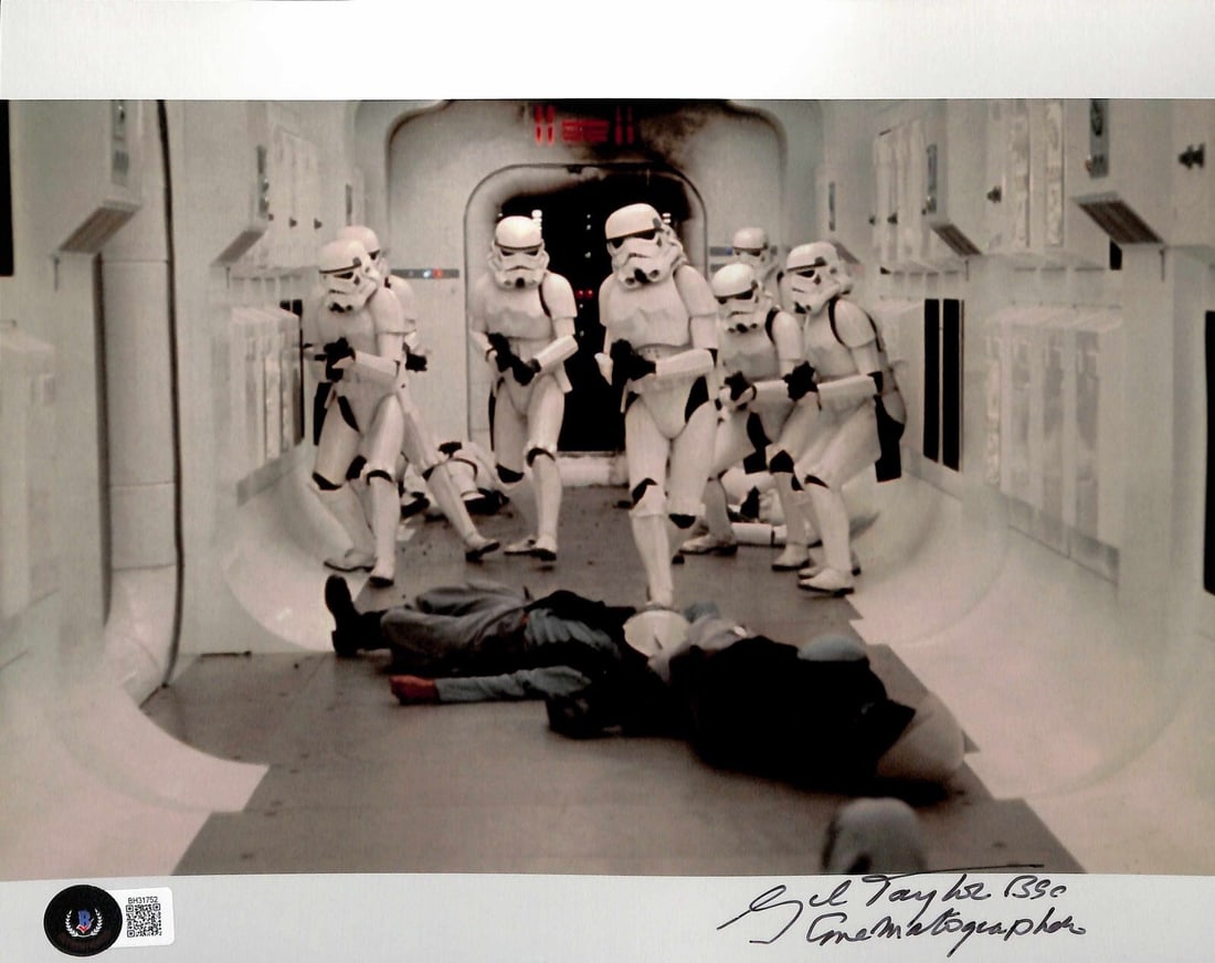 Gil Taylor Signed Star Wars ANH 8x10 Photo Inscribed Beckett Certified: Gil Taylor Signed Star Wars ANH 8x10 Photo Inscribed Beckett Certified This is an original 8x10 photograph signed and inscribed by Gil Taylor, the esteemed cinematographer of the original Star Wars fi
