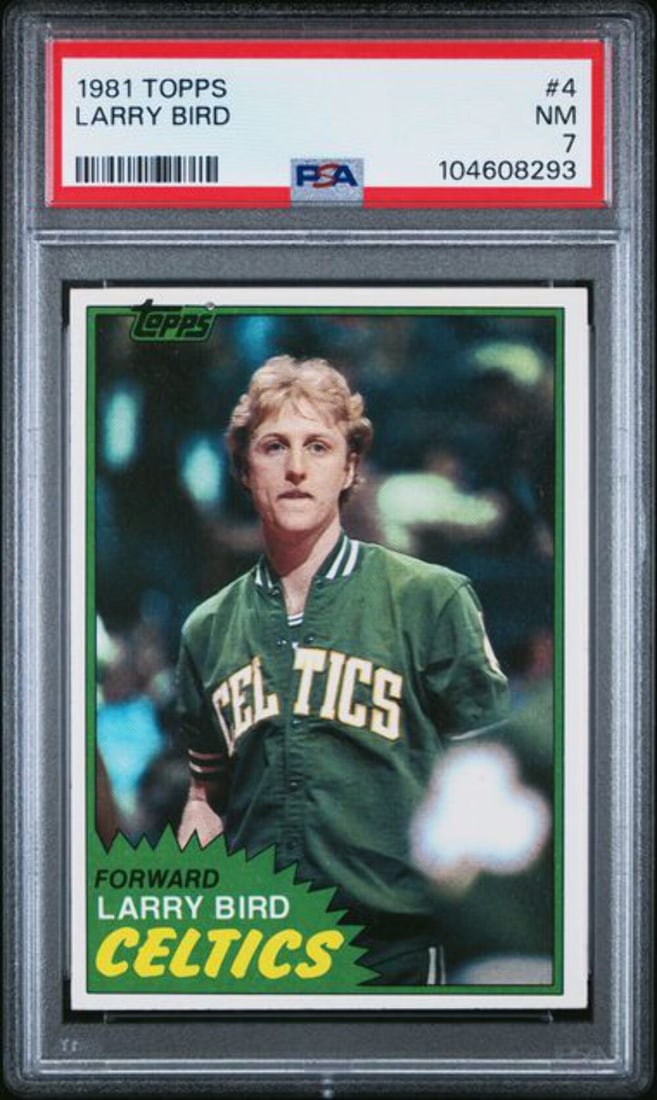 1981 Topps Larry Bird Basketball Card PSA 7 Near Mint Second Year #4: 1981 Topps Larry Bird Basketball Card PSA 7 Near Mint Second Year #4 This is an original 1981 Topps Larry Bird #4 second year basketball card, professionally graded by PSA (Professional Sports Authent