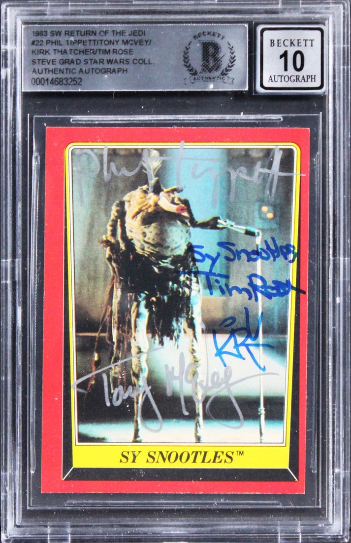 Star Wars ROTJ Card Signed by Tippett Rose McVey Thatcher BAS 10 Slab: Star Wars ROTJ Card Signed by Tippett Rose McVey Thatcher BAS 10 Slab This original 1983 Star Wars Return of the Jedi #22 trading card features the inscription "Sy Snootles" and has been personally si