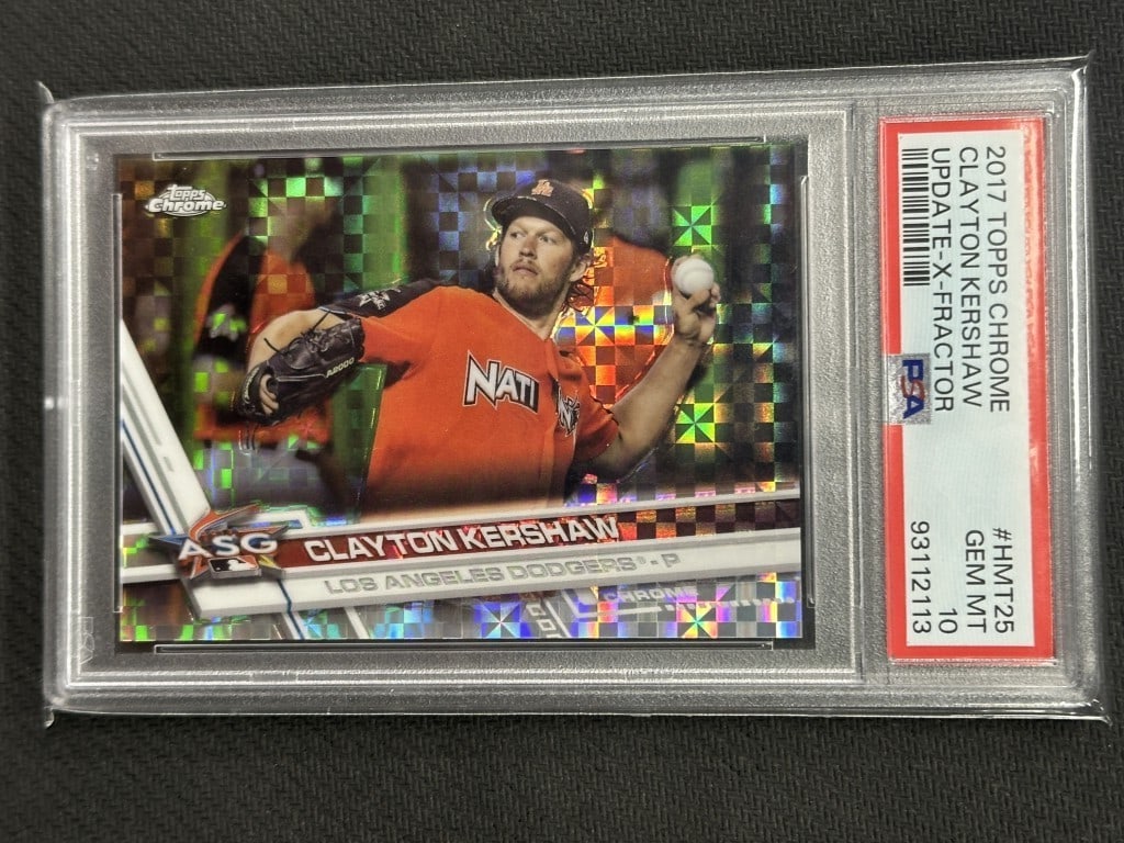 Clayton Kershaw 2017 Topps Chrome Update X-Fractor PSA 10 #HMT25: Clayton Kershaw 2017 Topps Chrome Update X-Fractor PSA 10 #HMT25 This is a 2017 Topps Chrome Update X-Fractor baseball card featuring Clayton Kershaw, a star pitcher for the Los Angeles Dodgers. The c