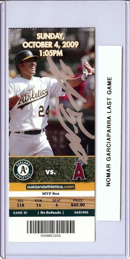 Oakland Athletics Final Game Ticket Signed by Nomar Garciaparra JSA Authenticated: Oakland Athletics Final Game Ticket Signed by Nomar Garciaparra JSA Authenticated This is an original ticket stub from the Oakland Athletics' final game on October 4, 2009, personally signed by Nomar 