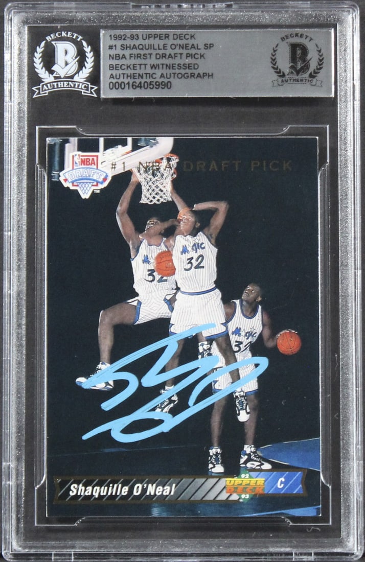 Shaquille O'Neal Signed 1992 Upper Deck Rookie Card Beckett Slabbed: Shaquille O'Neal Signed 1992 Upper Deck Rookie Card Beckett Slabbed This is an original 1992 Upper Deck #1 Rookie Card personally signed by basketball legend Shaquille O'Neal, featuring the Orlando Ma