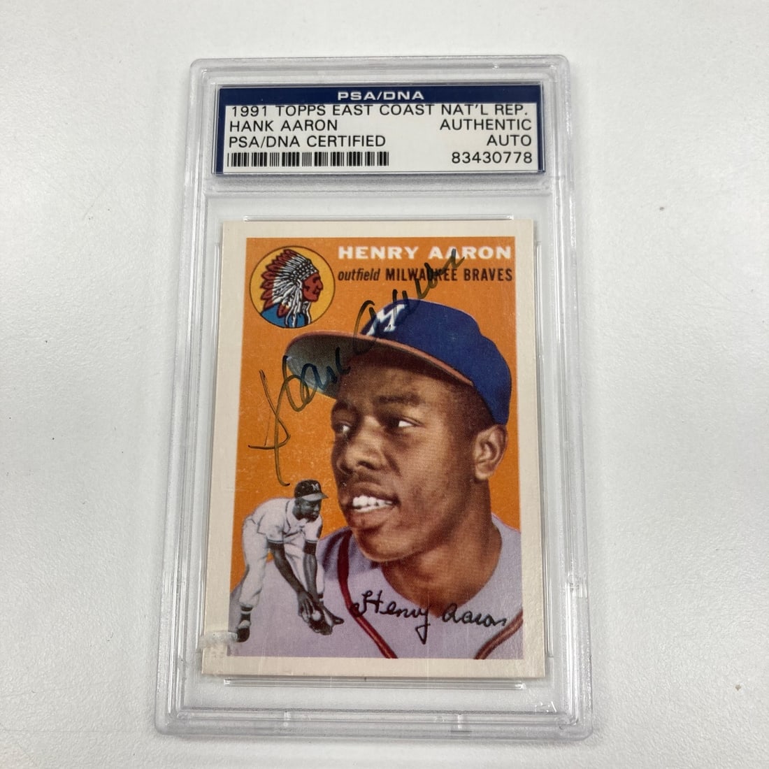 Hank Aaron Signed 1954 Topps Rookie Reprint Card PSA DNA Authenticated: Hank Aaron Signed 1954 Topps Rookie Reprint Card PSA DNA Authenticated This is a 1954 Topps Hank Aaron RP RC baseball trading card, featuring an autograph authenticated by Professional Sports Authenti
