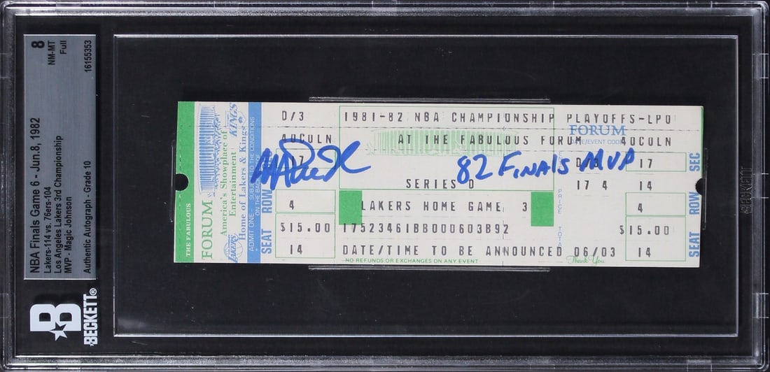 1982 NBA Finals Game 6 Ticket Signed by Magic Johnson BAS EX-MT 8 Auto 10: 1982 NBA Finals Game 6 Ticket Signed by Magic Johnson BAS EX-MT 8 Auto 10 This is an original full ticket stub from Game 6 of the 1982 NBA Finals, held on June 8, 1982, personally signed by Magic John