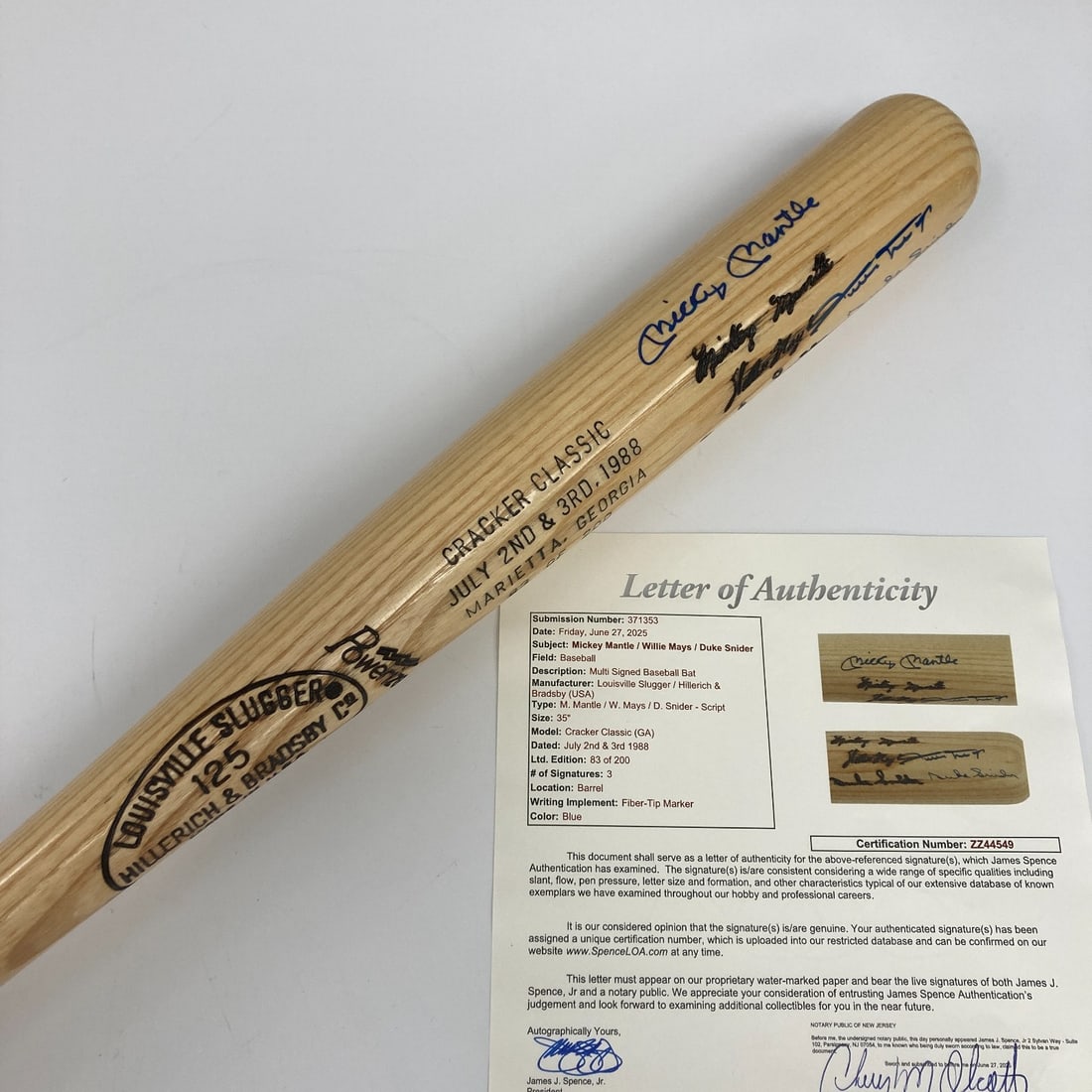 Mickey Mantle Willie Mays Duke Snider Signed Bat JSA COA Limited Edition: Mickey Mantle Willie Mays Duke Snider Signed Bat JSA COA Limited Edition This limited-edition H+B 1984 Cracker Jack Classic baseball bat features the signatures of three baseball legends: Mickey Mantl