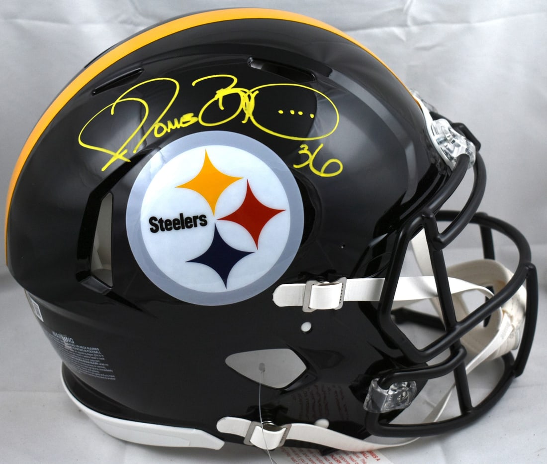 Jerome Bettis Signed Pittsburgh Steelers Full Size Speed Helmet Beckett Witnessed: Jerome Bettis Signed Pittsburgh Steelers Full Size Speed Helmet Beckett Witnessed This is a full-size Speed Authentic helmet featuring the Pittsburgh Steelers, autographed by Jerome Bettis. The helmet