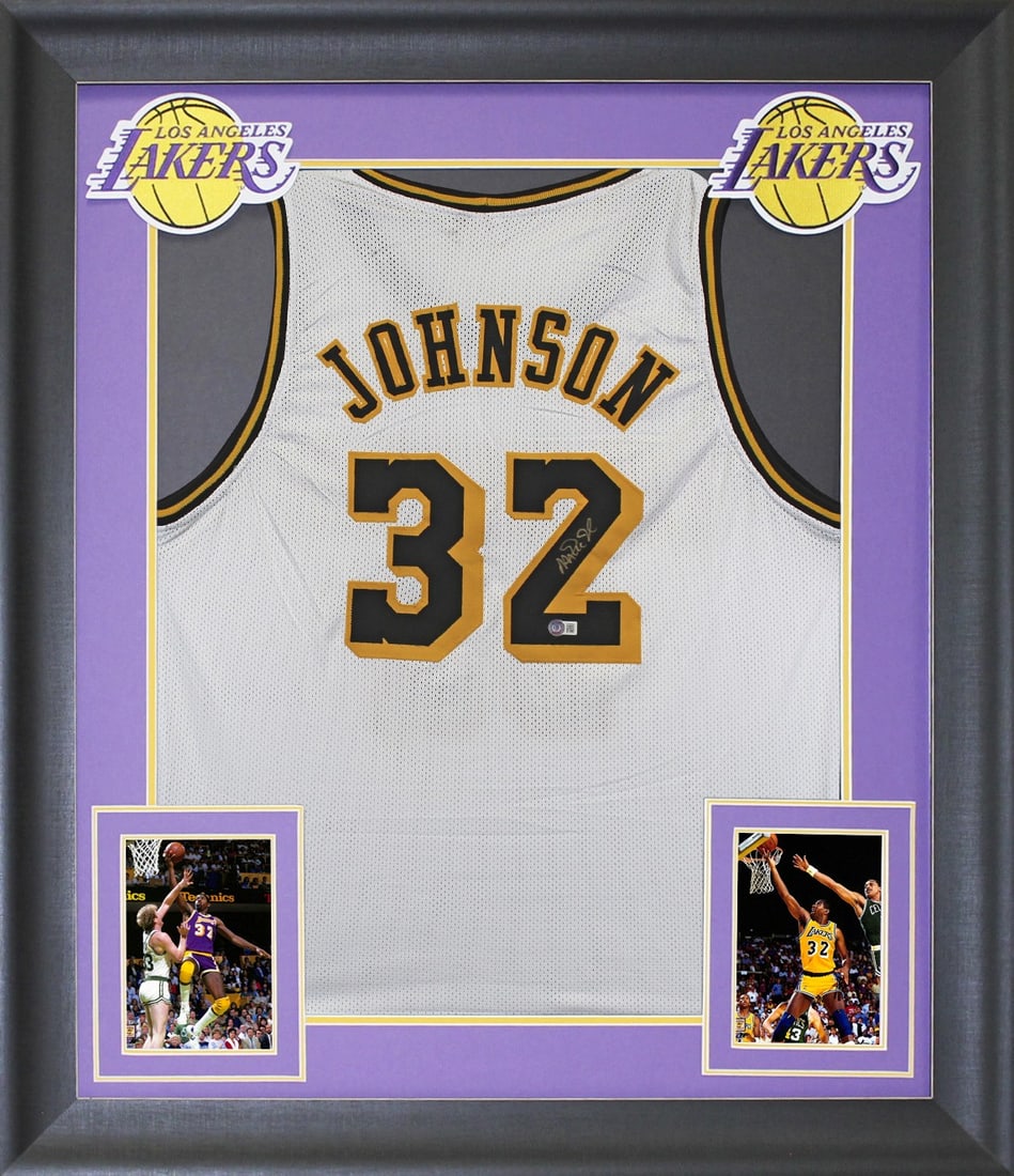 Magic Johnson Signed Framed Jersey Los Angeles Lakers BAS Authenticated 32 x 37: Magic Johnson Signed Framed Jersey Los Angeles Lakers BAS Authenticated 32 x 37 Celebrate the legacy of Magic Johnson with this authentic signed white pro-style jersey, framed and featuring striking b
