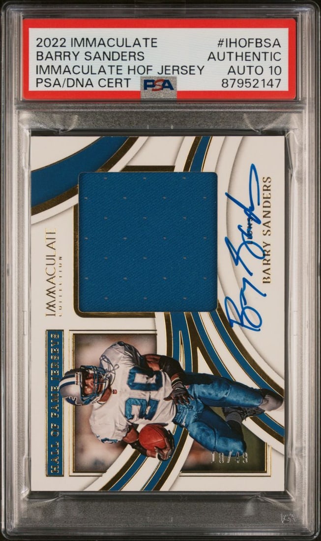 2022 Barry Sanders Signed Immaculate HOF Jersey Card PSA AUTO 10: 2022 Barry Sanders Signed Immaculate HOF Jersey Card PSA AUTO 10 Celebrate the legacy of a football legend with this 2022 Immaculate HOF Jersey #IHOFBSA sports trading card, signed by Hall of Famer Ba