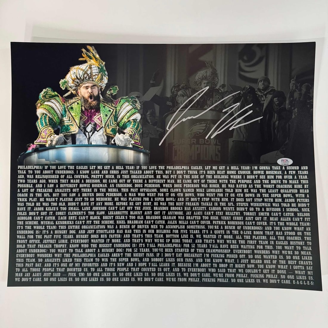 Jason Kelce signed 16x20 Eagles parade speech photo PSA COA (1 of 1)
