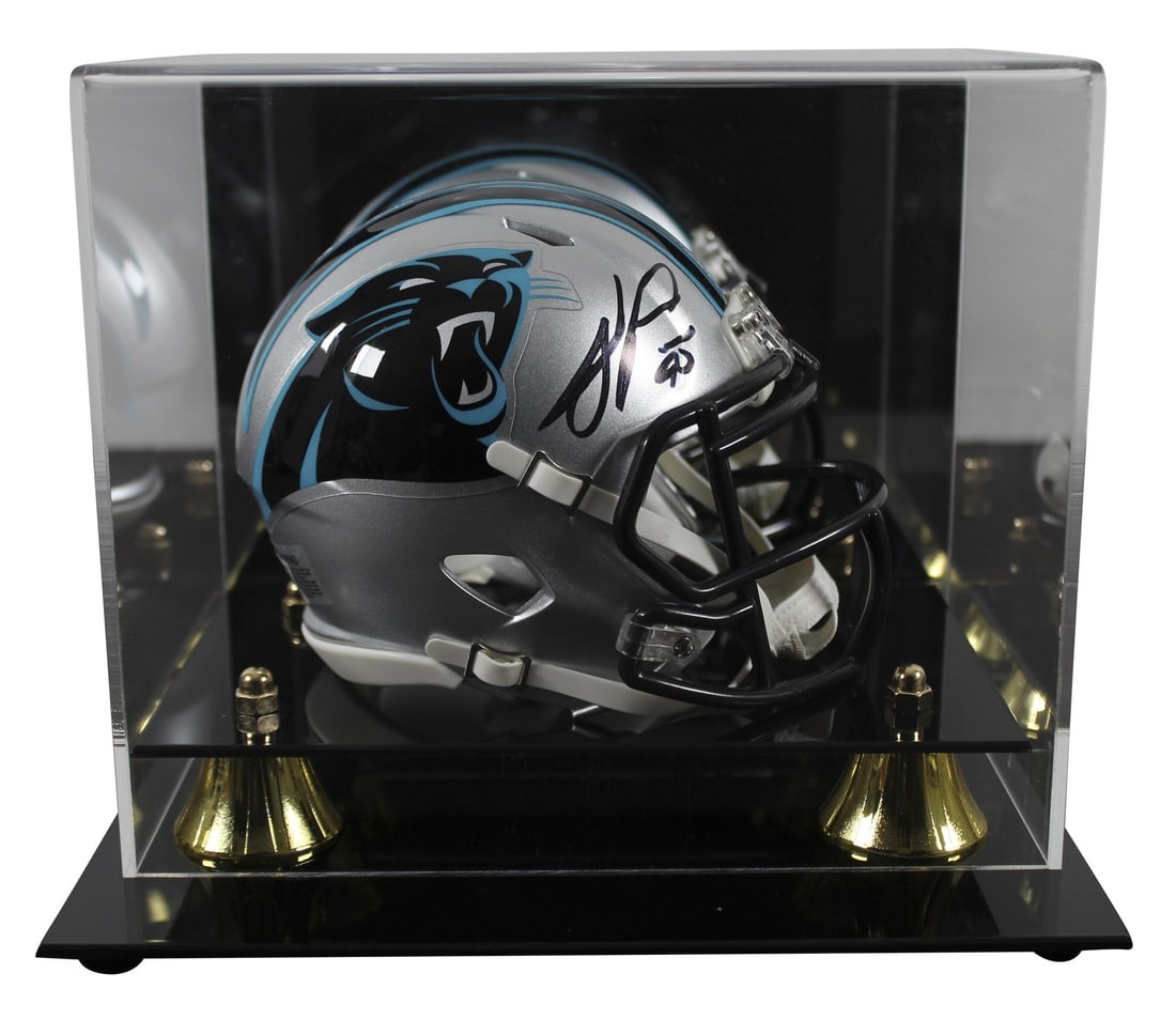 Julius Peppers Signed Carolina Panthers Mini Helmet with Display Case BAS Authenticated: Julius Peppers Signed Carolina Panthers Mini Helmet with Display Case BAS Authenticated This authentic Speed Mini Helmet has been personally signed by Julius Peppers, the former star of the Carolina P