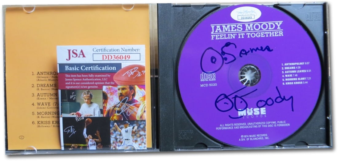 James Moody Autographed CD Feelin' It Together JSA Certified: James Moody Autographed CD Feelin' It Together JSA Certified This original CD and booklet set features a signature from the renowned jazz musician James Moody. The item is authenticated by James Spenc