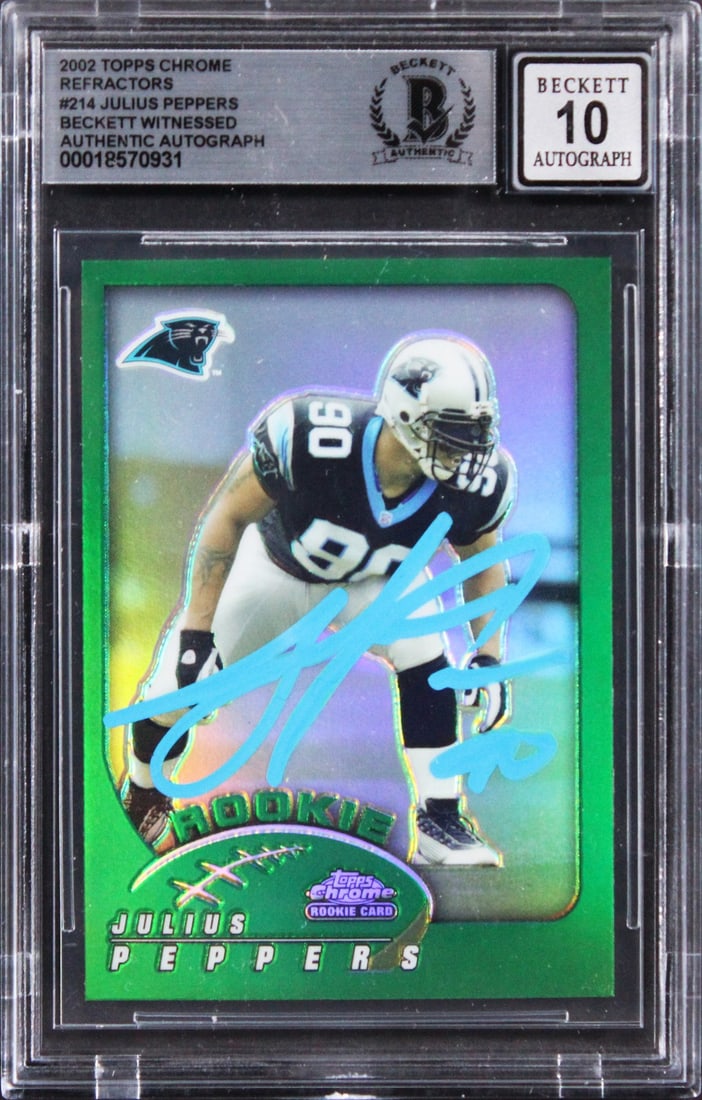 Julius Peppers Signed 2002 Topps RC Card Auto 10 Beckett Certified: Julius Peppers Signed 2002 Topps RC Card Auto 10 Beckett Certified This is a 2002 Topps Chrome Refractors #214 rookie card featuring Julius Peppers of the Carolina Panthers. The card has been personal