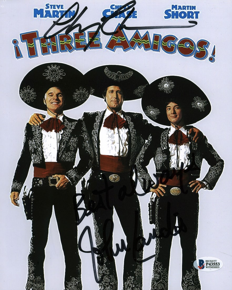 Chevy Chase John Landis Signed 8x10 Photo Three Amigos BAS COA: Chevy Chase John Landis Signed 8x10 Photo Three Amigos BAS COA This authentic 8x10 photograph features the signatures of Chevy Chase and John Landis, both notable figures from the classic film "Three 