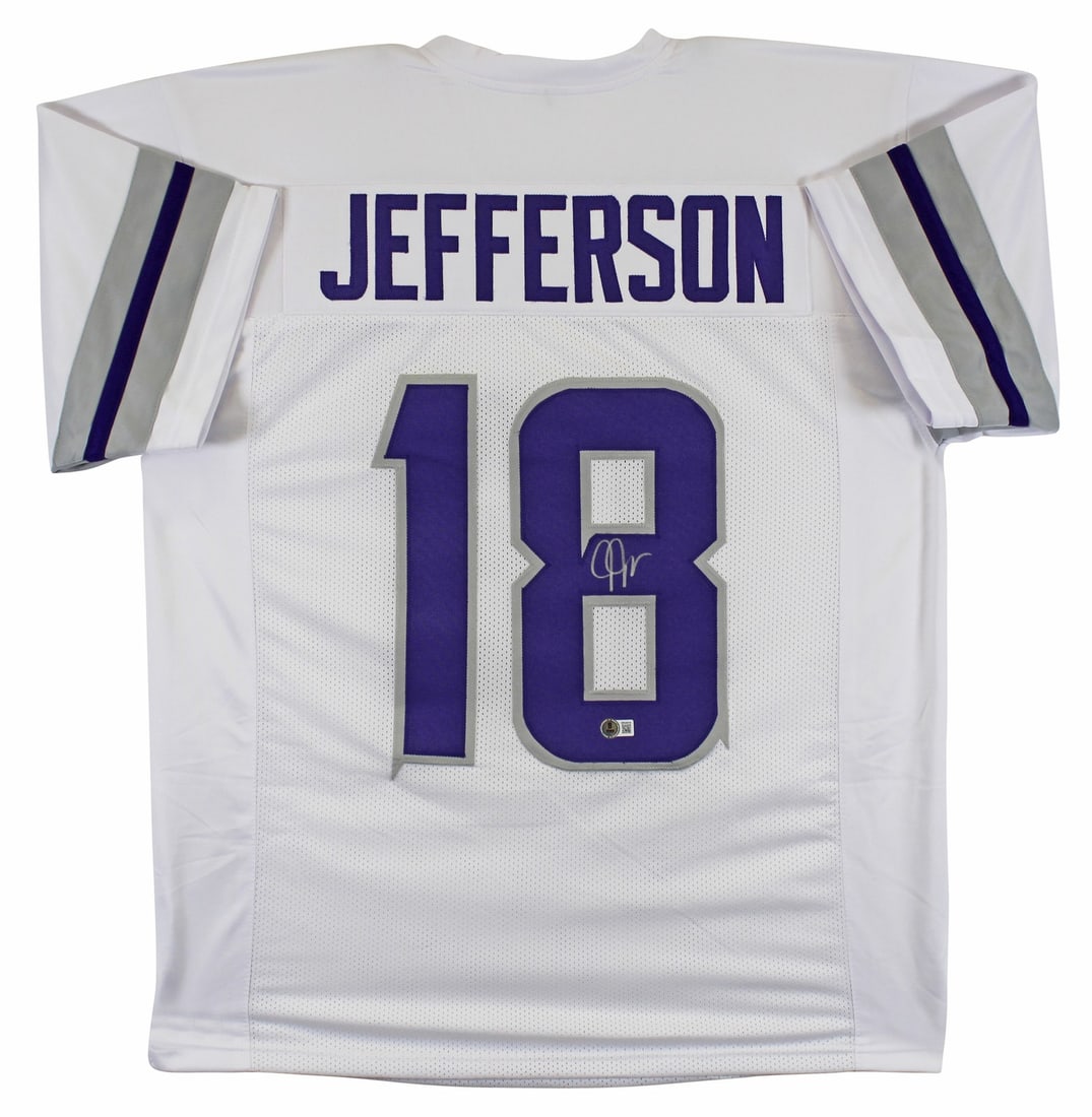 Justin Jefferson Signed White Alternate Jersey BAS Authenticated Minnesota Vikings: Justin Jefferson Signed White Alternate Jersey BAS Authenticated Minnesota Vikings This authentic white alternate pro style jersey has been personally signed by Justin Jefferson, the star wide receive