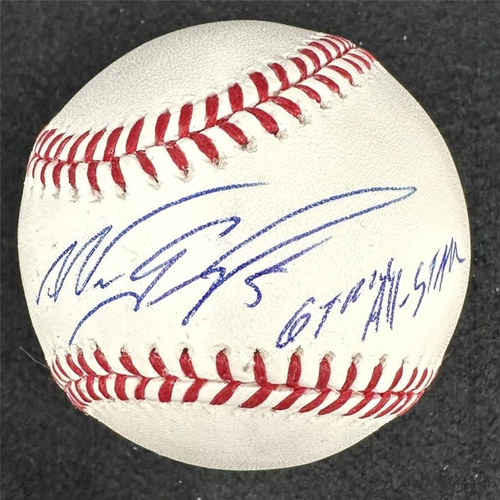 Nomar Garciaparra autographed MLB baseball with JSA and 6x All-Star inscription: Nomar Garciaparra autographed MLB baseball with JSA and 6x All-Star inscription This Major League Baseball features the autograph of Nomar Garciaparra, inscribed with "6x All-Star." The signature is a