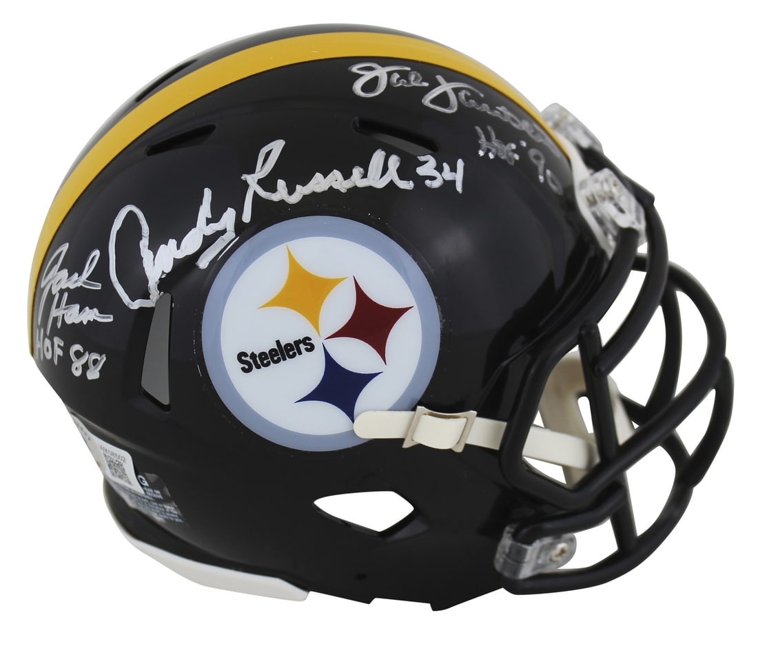 Pittsburgh Steelers Signed Mini Helmet by Lambert Ham Russell BAS Witnessed: Pittsburgh Steelers Signed Mini Helmet by Lambert Ham Russell BAS Witnessed This authentic Speed Mini Helmet features the signatures of three legendary Pittsburgh Steelers linebackers: Jack Lambert, J