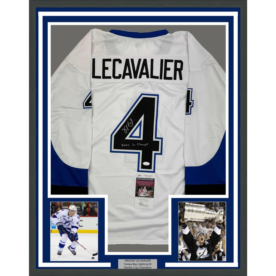 Framed Vincent Lecavalier Signed Jersey 35x39 with JSA COA: Framed Vincent Lecavalier Signed Jersey 35x39 with JSA COA Celebrate the legacy of Vincent Lecavalier with this professionally framed and autographed Tampa Bay Lightning jersey. Measuring 35x39 inches