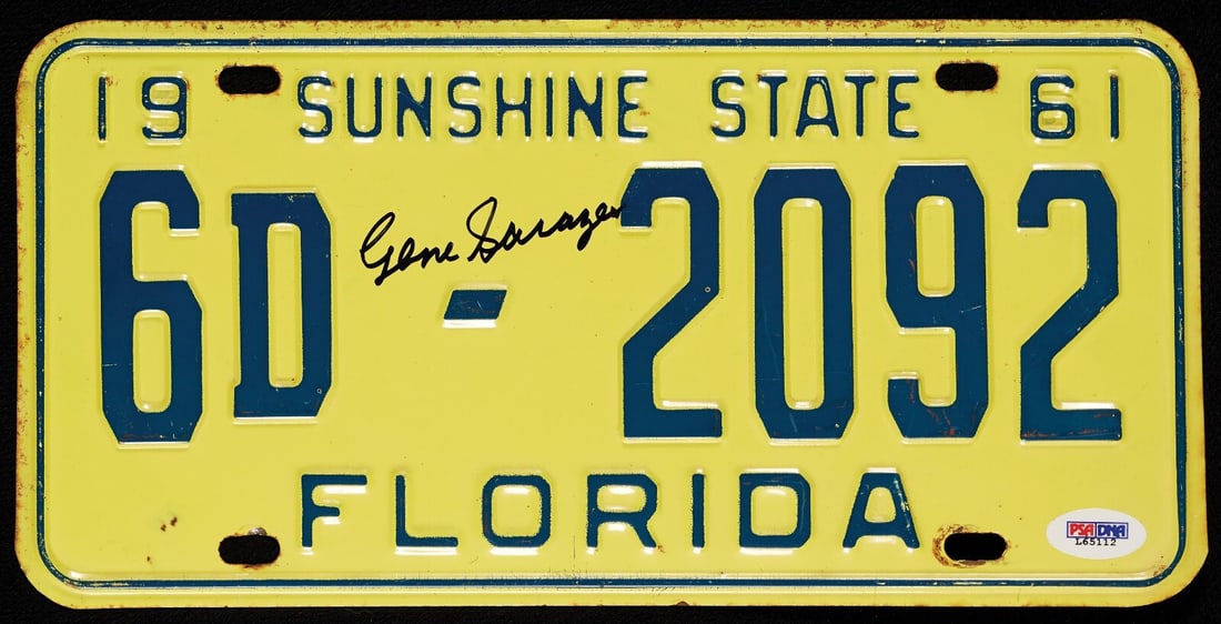 Gene Sarazen Signed Florida License Plate PSA Authenticated Golf: Gene Sarazen Signed Florida License Plate PSA Authenticated Golf This is an original Florida license plate signed by the legendary golfer Gene Sarazen, known for his remarkable contributions to the sp
