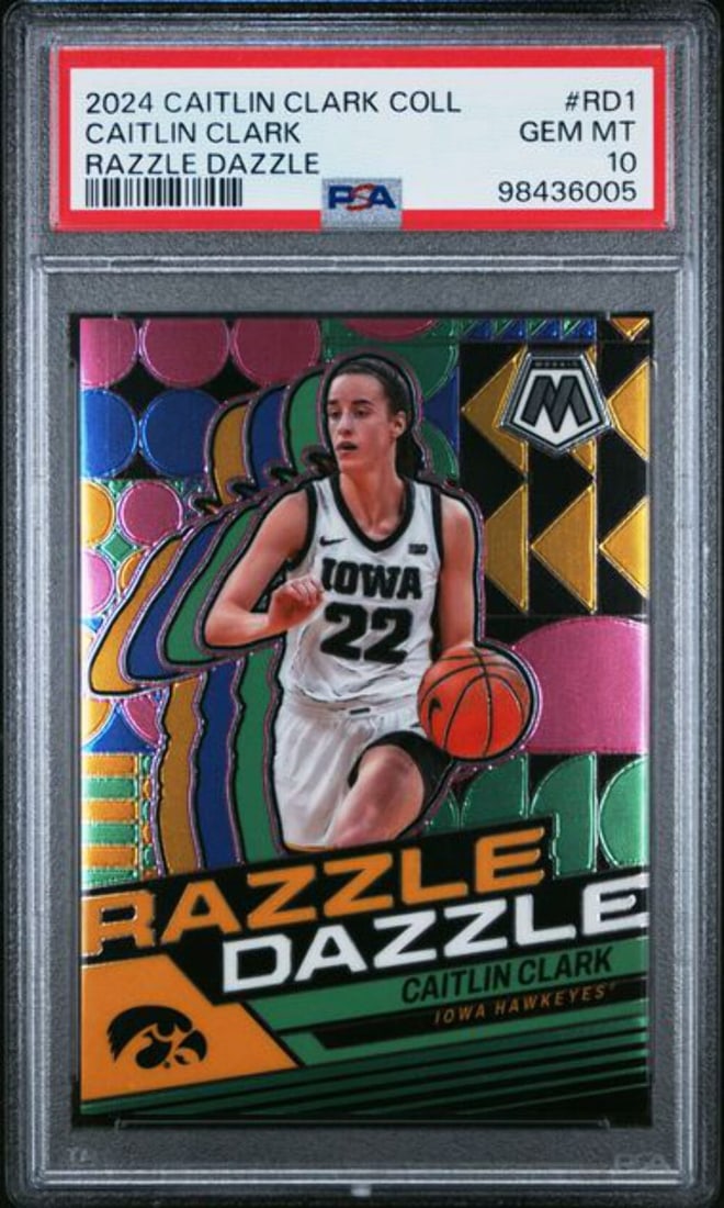 2024 Panini Caitlin Clark Razzle Dazzle RC PSA 10 Graded Card: 2024 Panini Caitlin Clark Razzle Dazzle RC PSA 10 Graded Card This is an encapsulated and graded 2024 Panini Caitlin Clark #RD1 Razzle Dazzle rookie card, featuring the talented athlete Caitlin Clark 