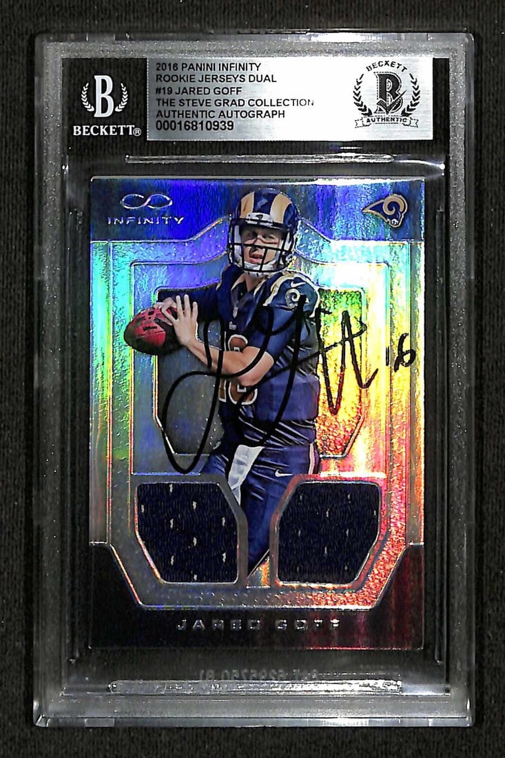 Jared Goff Signed 2018 Panini Infiniti Rookie Dual Card Beckett Authenticated: Jared Goff Signed 2018 Panini Infiniti Rookie Dual Card Beckett Authenticated This is a signed 2018 Panini Infiniti Rookie Jerseys Dual sports trading card featuring Jared Goff, the former Los Angeles