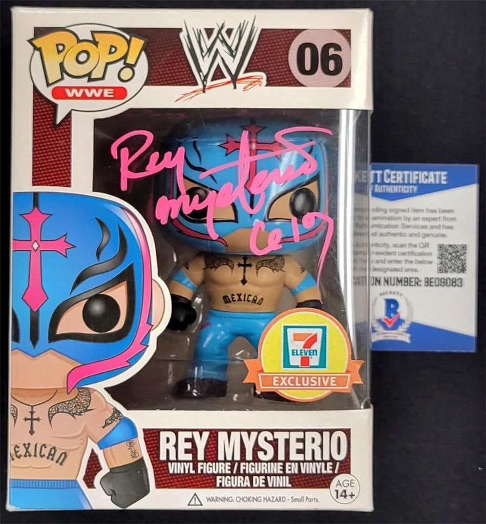 Rey Mysterio Signed Funko Pop WWE Figure BAS Certified: Rey Mysterio Signed Funko Pop WWE Figure BAS Certified Celebrate the legacy of Rey Mysterio with this signed WWE Wrestling Funko Pop figure. This original collectible features the beloved wrestler in 