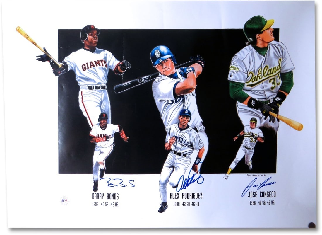 Barry Bonds Alex Rodriguez Jose Canseco Signed Original 18x24 Photo: Barry Bonds Alex Rodriguez Jose Canseco Signed Original 18x24 Photo This original 18x24 photo features the signatures of three iconic baseball players: Barry Bonds, Alex Rodriguez, and Jose Canseco. T