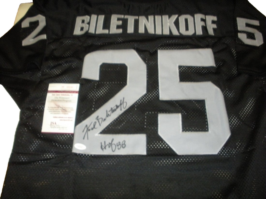 Signed Fred Biletnikoff Oakland Raiders Jersey With JSA COA Hall Of Fame 1988: Signed Fred Biletnikoff Oakland Raiders Jersey With JSA COA Hall Of Fame 1988 This is a signed Oakland Raiders jersey featuring Fred Biletnikoff, the Hall of Famer inducted in 1988 and Florida State a