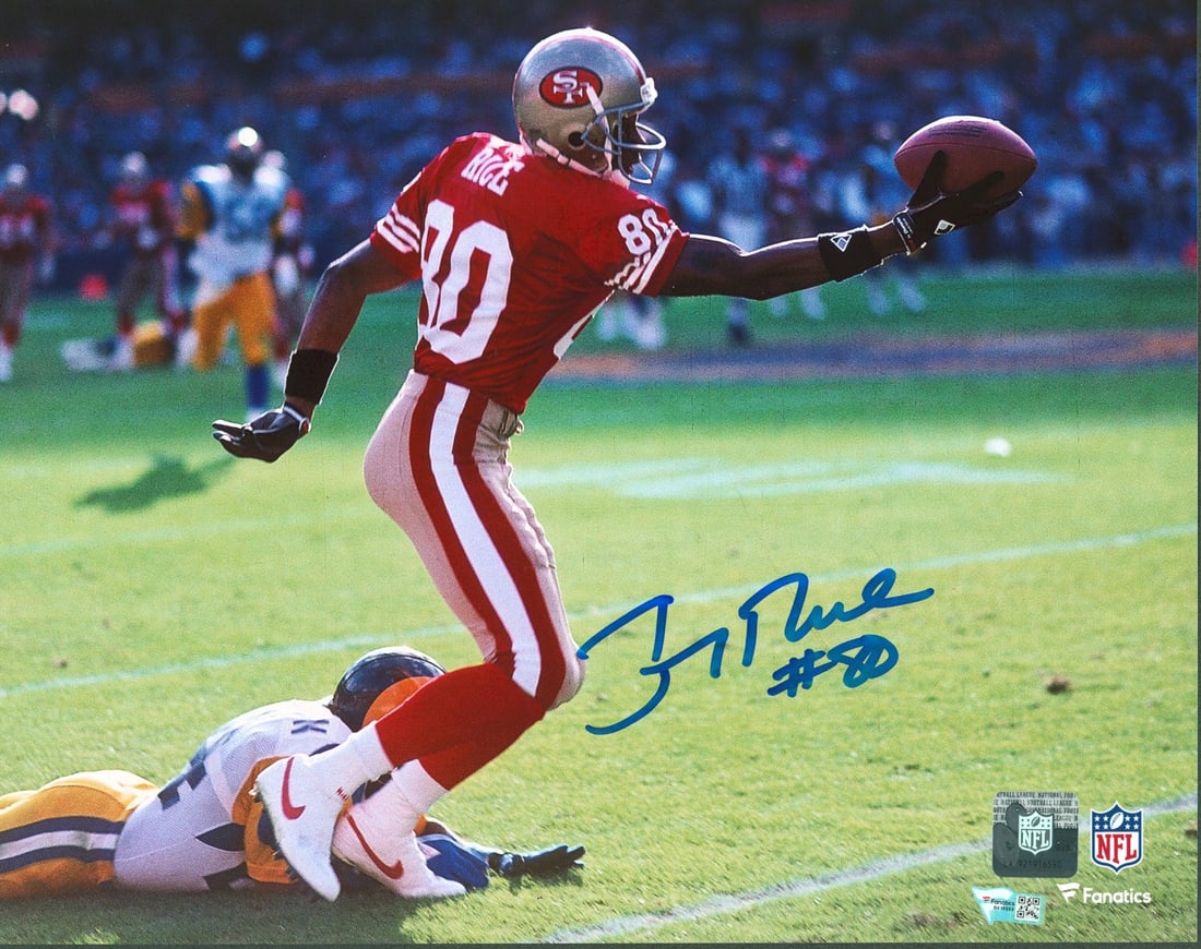 Jerry Rice Signed 11x14 Photo San Francisco 49ers vs Rams Fanatics Authenticated: Jerry Rice Signed 11x14 Photo San Francisco 49ers vs Rams Fanatics Authenticated This authentic 11x14 horizontal photo captures Jerry Rice in action against the Rams, personally signed by the legendar