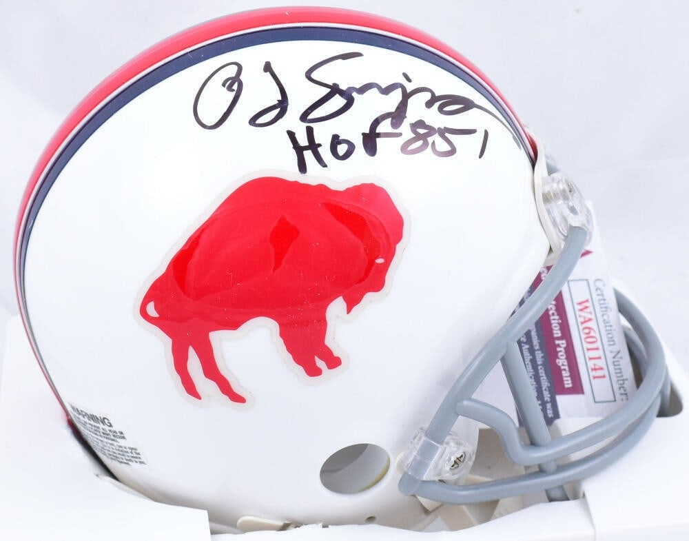 Buffalo Bills Mini Helmet Signed by O.J. Simpson with HOF Inscription JSA Authenticated: Buffalo Bills Mini Helmet Signed by O.J. Simpson with HOF Inscription JSA Authenticated This is a Buffalo Bills mini helmet from the 1965-1973 era, autographed by O.J. Simpson. The signature includes 