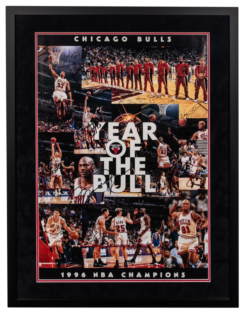 1995-96 Chicago Bulls Team Signed 32x42 Framed Photo BAS Authenticated: 1995-96 Chicago Bulls Team Signed 32x42 Framed Photo BAS Authenticated This impressive 1996 NBA Champion Chicago Bulls framed poster, measuring 32x42 inches, captures the legendary 'Year of the Bull' 