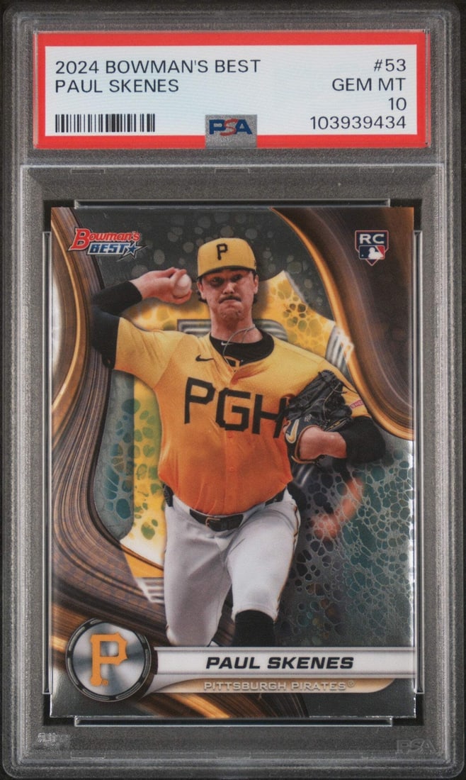PSA 10 Paul Skenes Rookie Card 2024 Bowmans Best #53 Pittsburgh Pirates: PSA 10 Paul Skenes Rookie Card 2024 Bowmans Best #53 Pittsburgh Pirates This is an original 2024 Topps Bowman's Best #53 rookie baseball card featuring Paul Skenes of the Pittsburgh Pirates. The card 