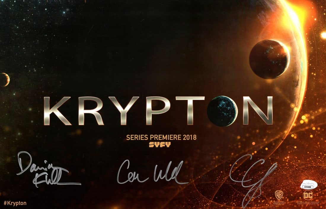 Krypton Multi Signed 11X17 Poster JSA Authenticated Cuffe Kindler Welsh: Krypton Multi Signed 11X17 Poster JSA Authenticated Cuffe Kindler Welsh This is an original, multi-signed 11x17 poster featuring the autographs of Cameron Cuffe, Damian Kindler, and Cameron Welsh. Eac