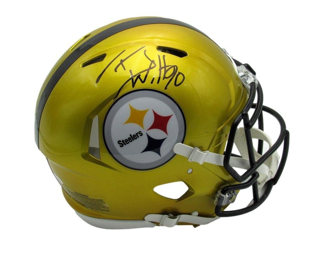 T.J. Watt Signed Full Size Flash Helmet Pittsburgh Steelers JSA Authenticated: T.J. Watt Signed Full Size Flash Helmet Pittsburgh Steelers JSA Authenticated This is a T.J. Watt Autographed Gold Full Size Flash Authentic Football Helmet from the Pittsburgh Steelers. The helmet is