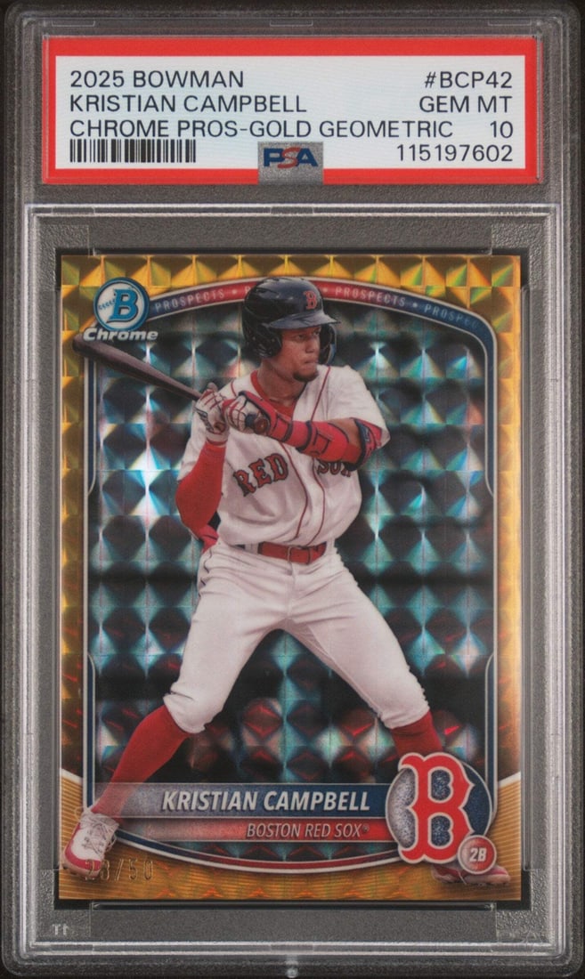 2025 Bowman Kristian Campbell #BCP42 Gold Geo /50 RC PSA 10 Baseball Card: 2025 Bowman Kristian Campbell #BCP42 Gold Geo /50 RC PSA 10 Baseball Card This is a graded 2025 Bowman Kristian Campbell #BCP42 Gold Geo /50 RC Baseball Card, featuring a perfect PSA grade of 10. The 