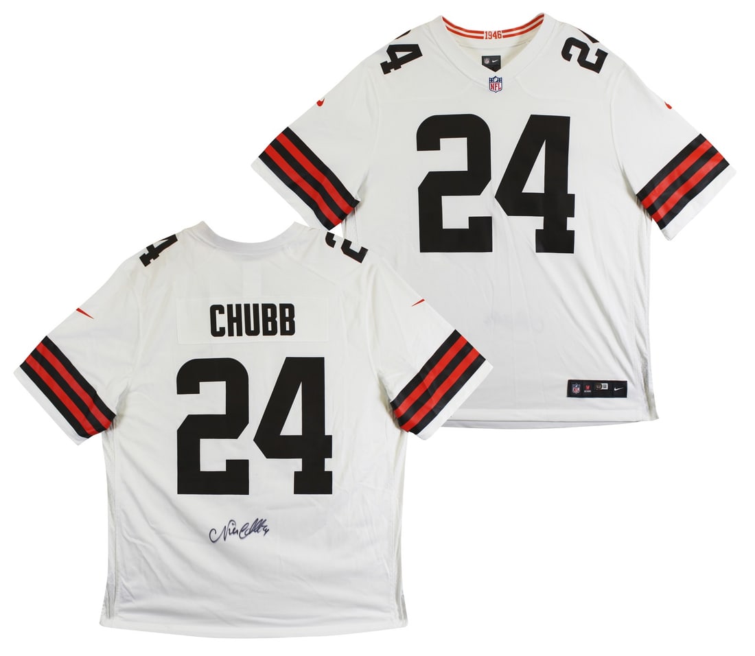 Nick Chubb Signed Cleveland Browns White Nike Jersey Beckett Witness Authenticated: Nick Chubb Signed Cleveland Browns White Nike Jersey Beckett Witness Authenticated This white Nike Game Jersey has been personally signed by Nick Chubb of the Cleveland Browns. The autograph is authen