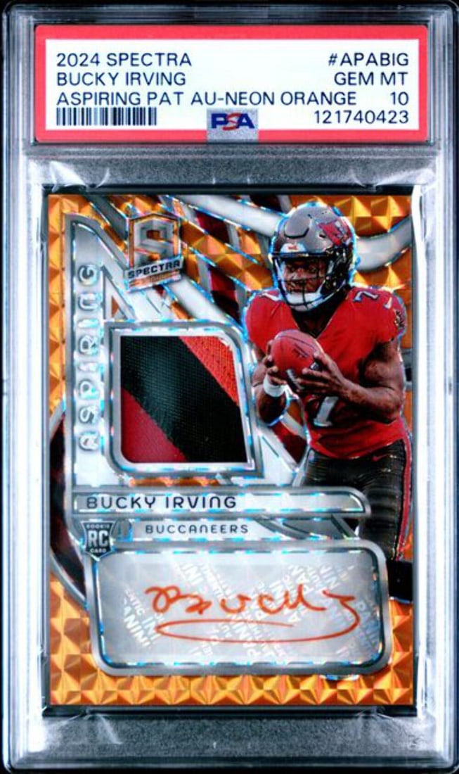 Bucky Irving 2024 Spectra Neon Orange RPA Rookie Card PSA 10 Autographed: Bucky Irving 2024 Spectra Neon Orange RPA Rookie Card PSA 10 Autographed This is a graded 2024 Spectra Bucky Irving #APABIG /15 Neon Orange RPA Rookie Card, showcasing the exciting talent of Bucky Irv