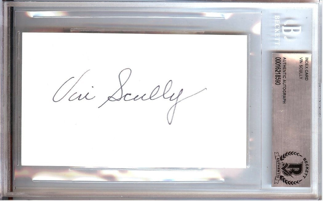 Vin Scully Autographed Index Card Dodgers Beckett Authenticated: Vin Scully Autographed Index Card Dodgers Beckett Authenticated This is an original index card autographed by Vin Scully, the legendary broadcaster of the Los Angeles Dodgers. The autograph has been v